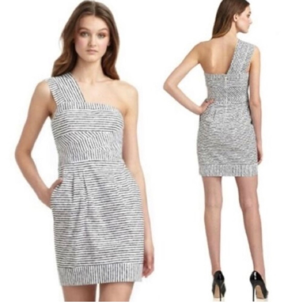 BCBG One Shoulder White/Black striped Cocktail Dress